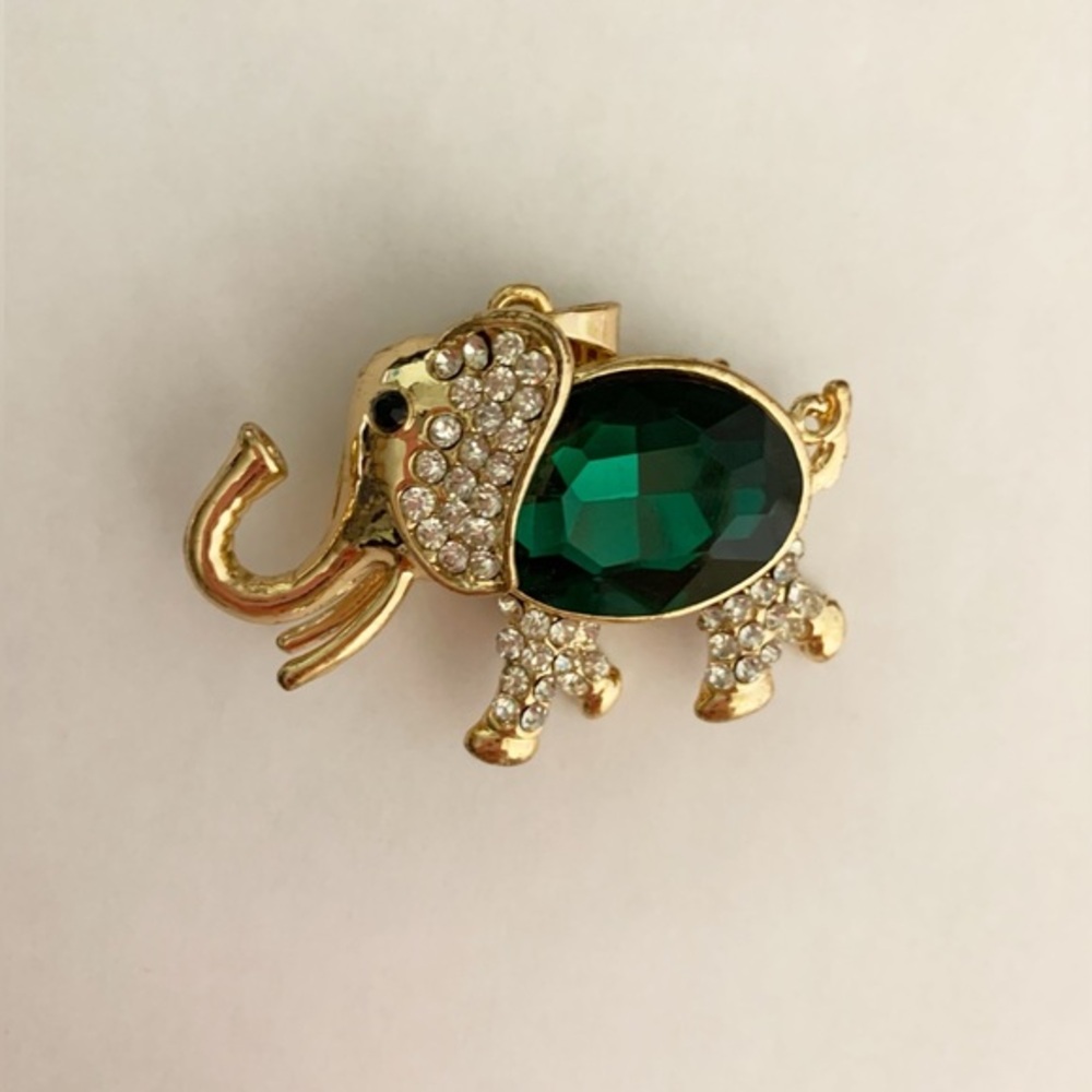 Gold & White Gem Elephant Necklace Charm with Green Gemstone Body